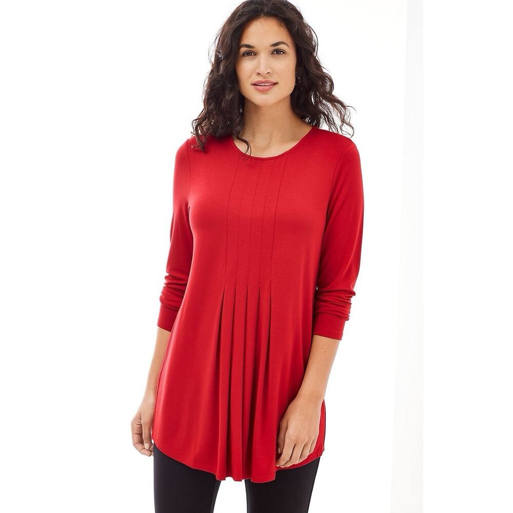 J Jill Wearever Collection Long Sleeve Red Pleated Front Tunic Top Size L